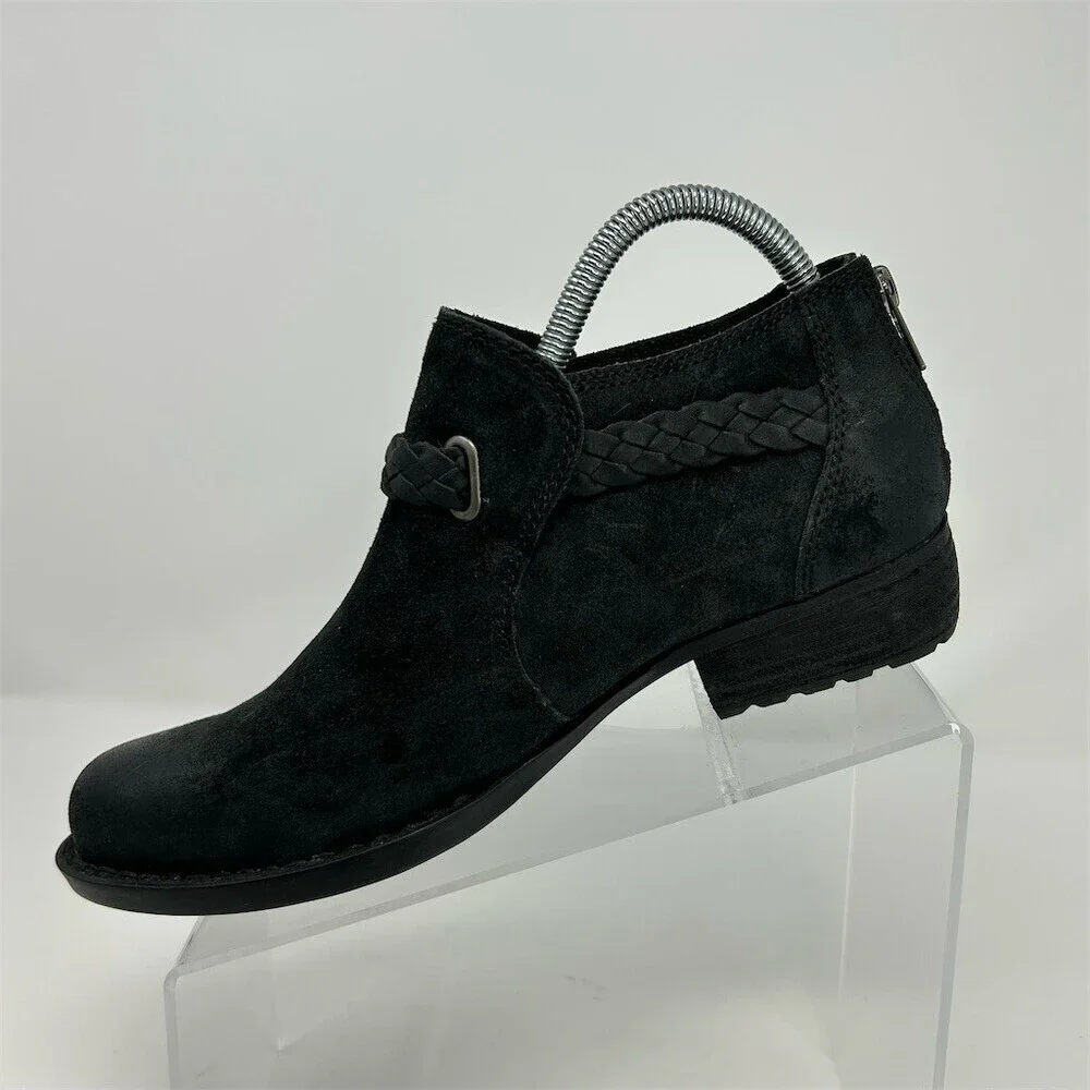 Born Sylvia Ankle Heeled Booties Black Braided Strap Buckle Back Zip Size 8